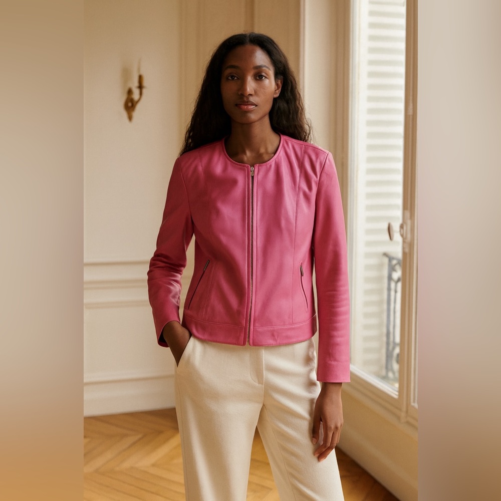 i.e. 100% Leather Jacket Pink Barbie‎ Y2K Style Legally Blonde Collarless Large